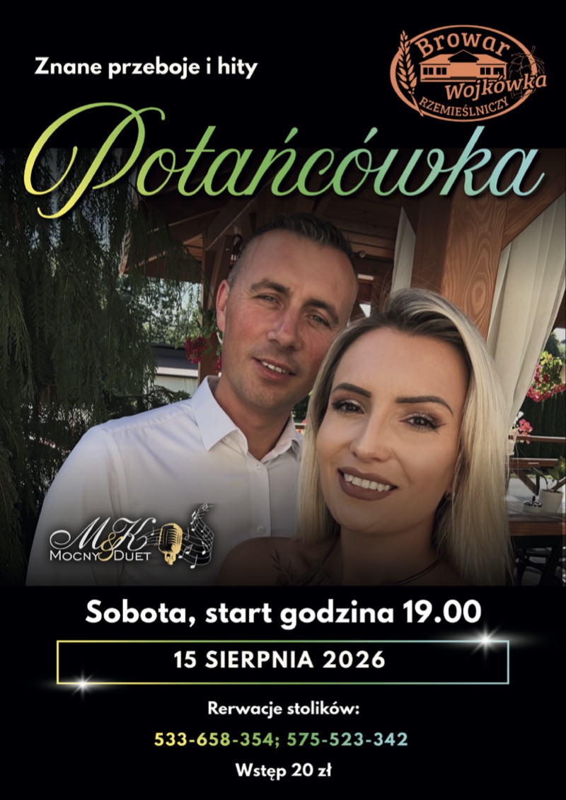 Plakat potańcówki 15 sierpnia 2026 z duetem M&K Mocny Duet