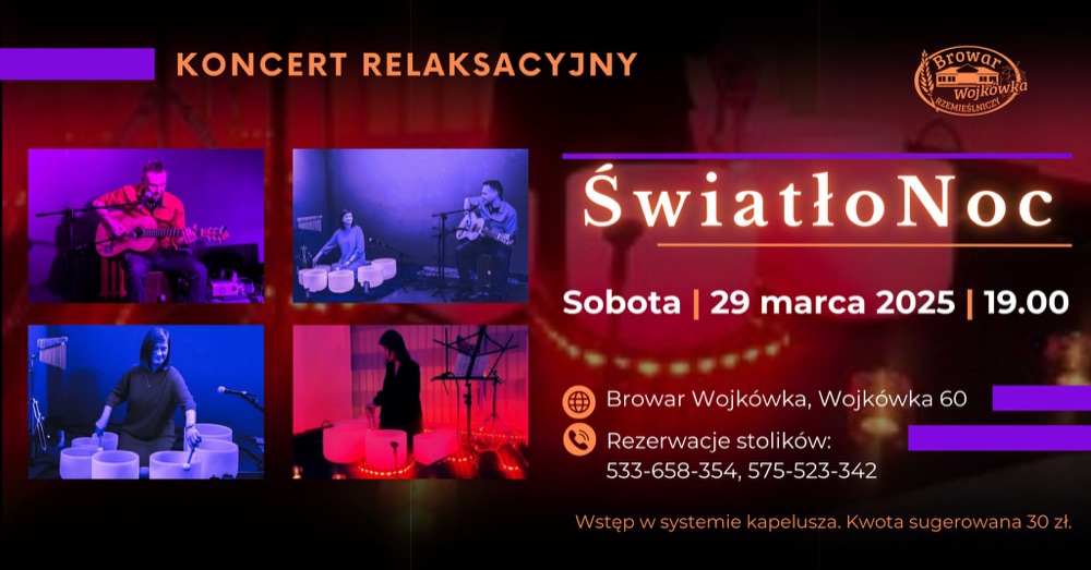 Plakat koncertu: Duet ŚwiatłoNoc, Browar Wojkówka, sobota, 29 marca 2025