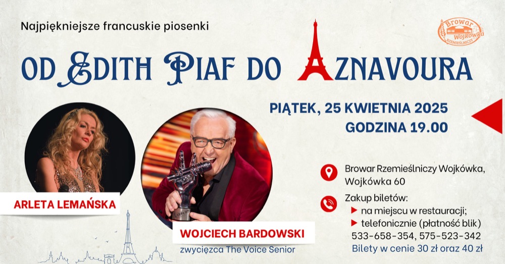 Plakat koncertu: Arleta Lemańska i Wojciech Bardowski, Browar Wojkówka, piątek, 25 kwietnia 2025